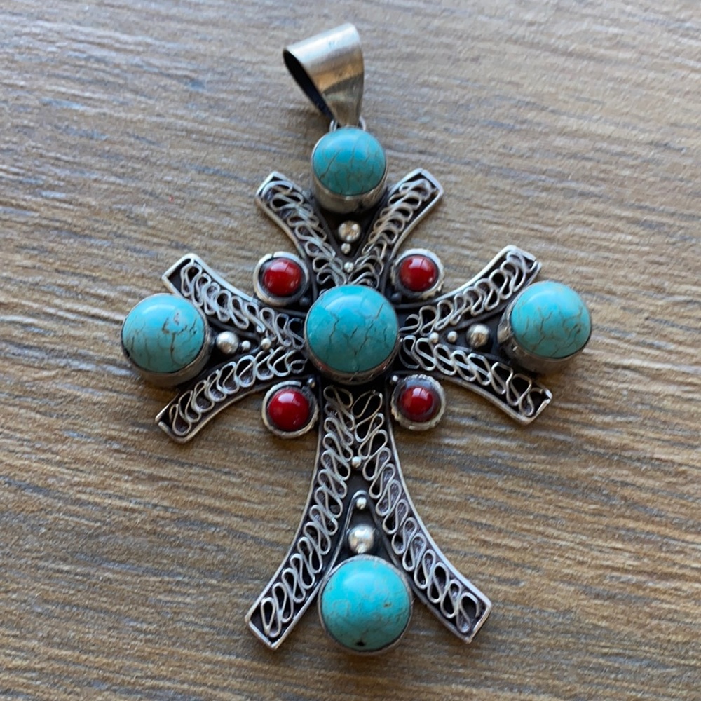 Turquoise/coral sterling silver cross new pendant.